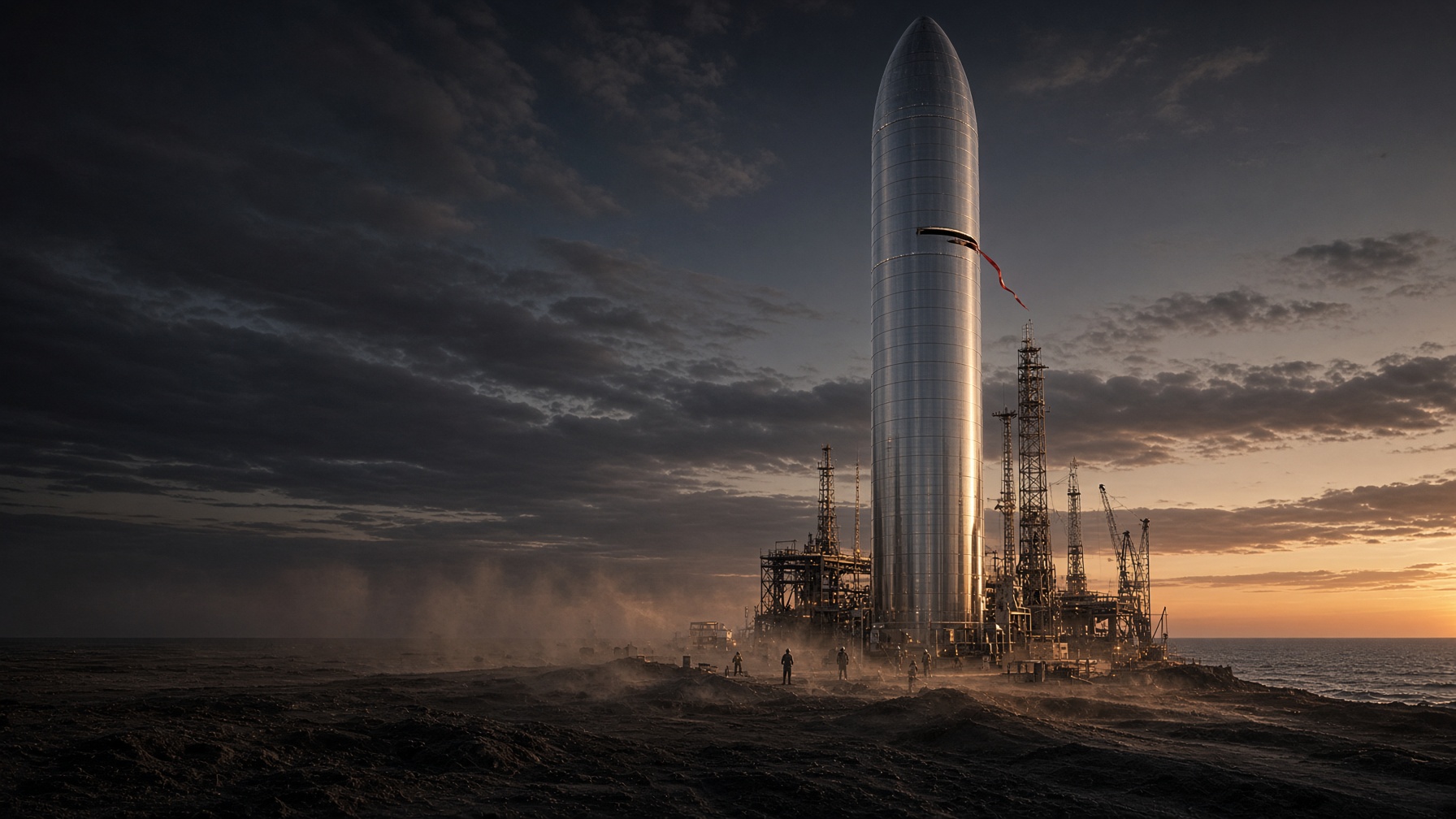 Original still of a coastal steel yard at dusk: an immense stainless cylinder, one unfinished ring, a thin red ribbon, and tiny figures at the base. Not a frame from the 2021 recording.